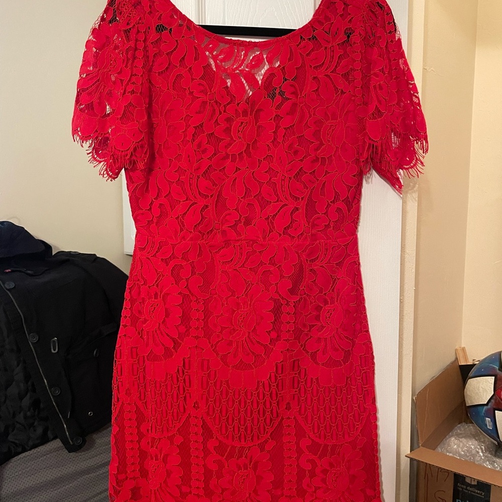 Lulu's Vibrant Red Lace Midi Dress
